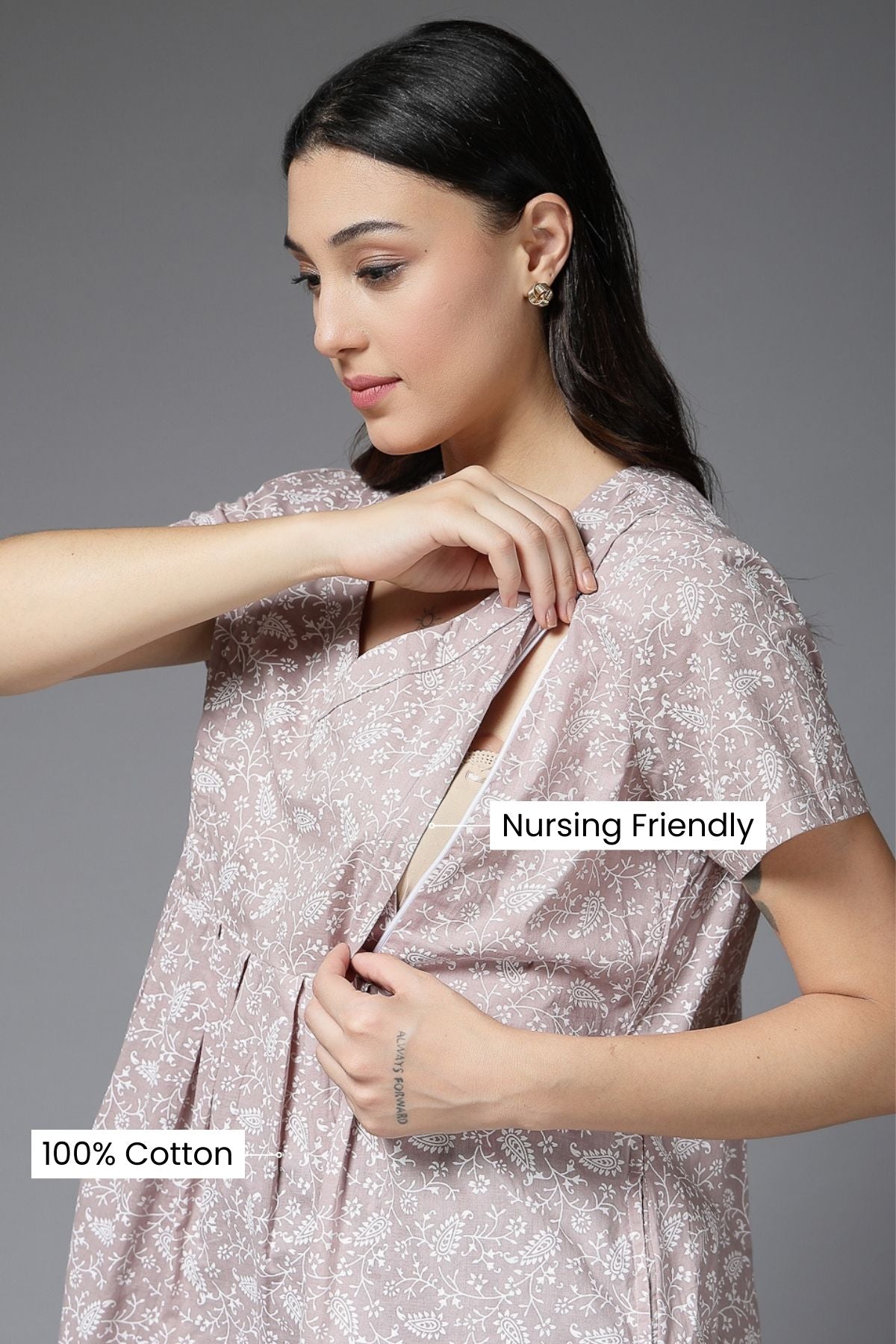 Pure Cotton Beige Maternity Feeding Nighty