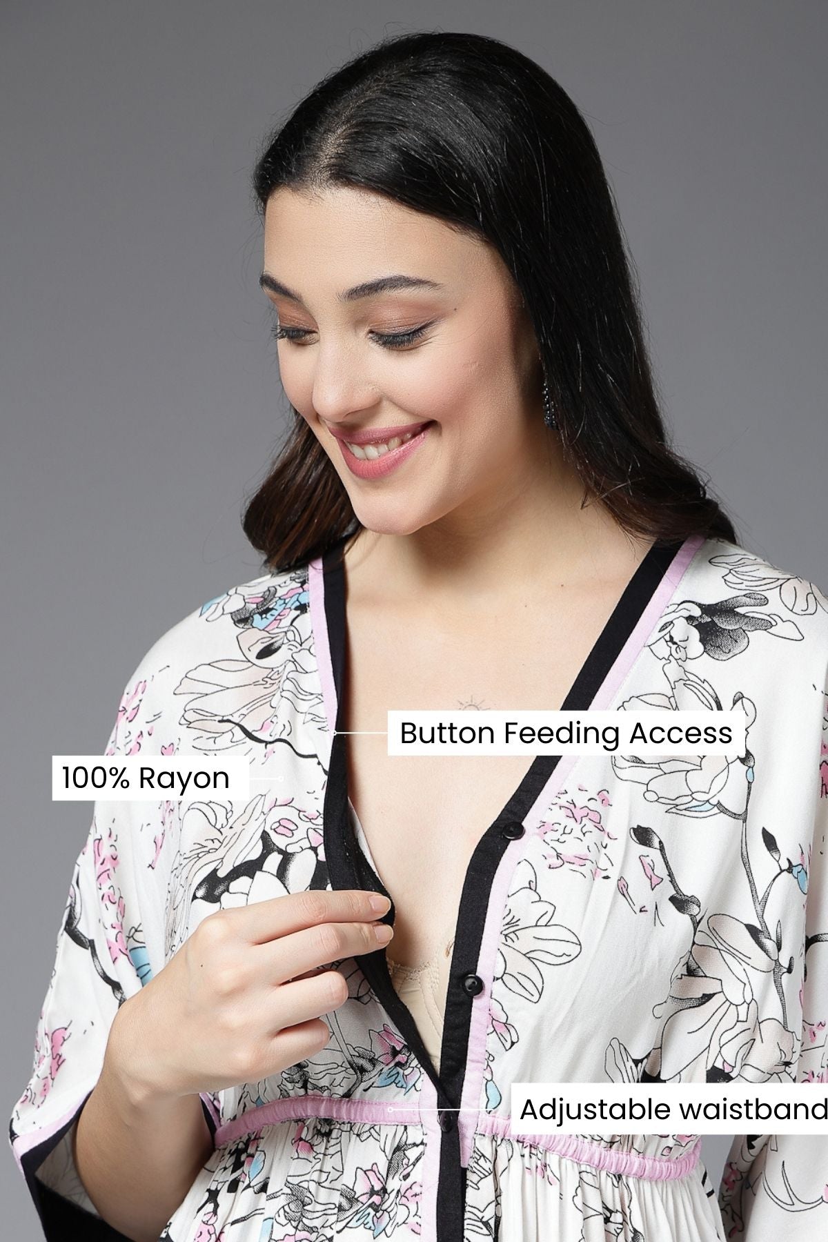 White All Over Printed 100% Rayon Zipless Maternity Dress