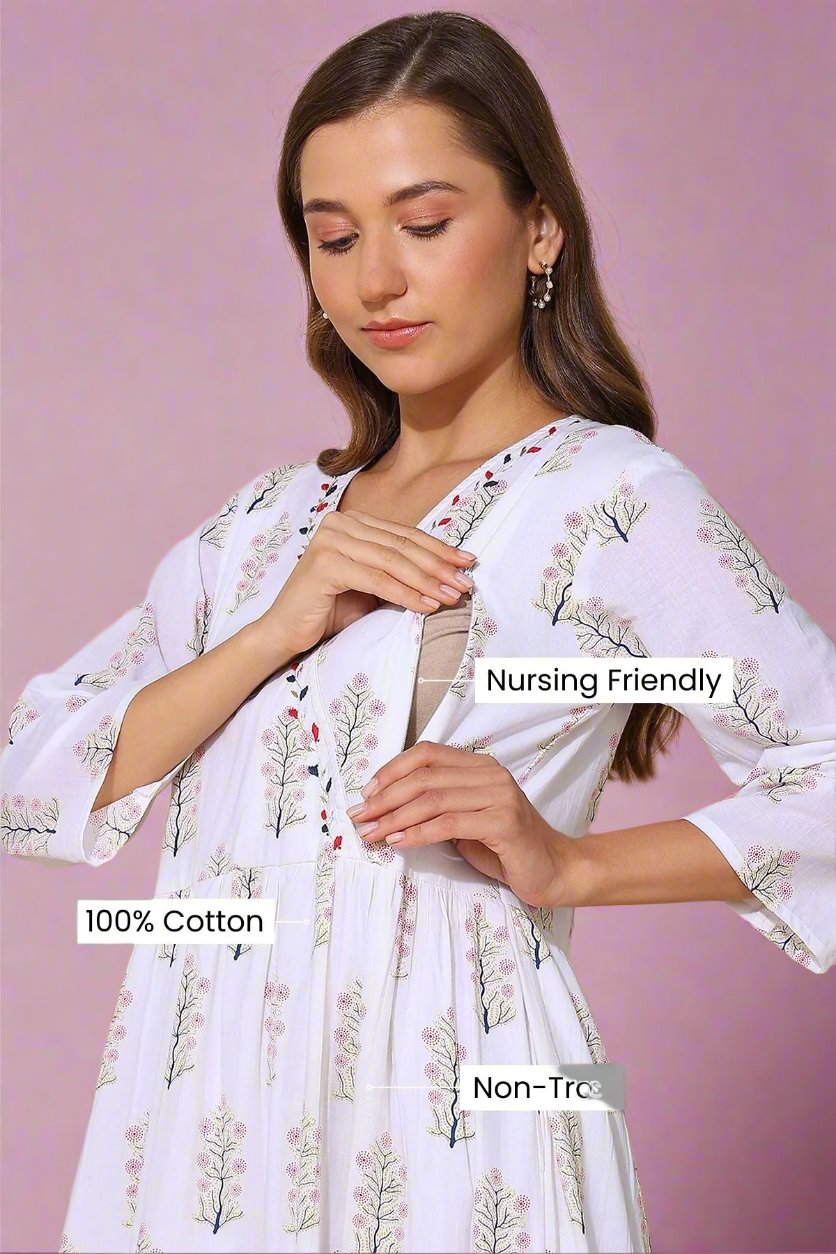 White Floral Printed 100% Soft Cotton Maternity Feeding Dress