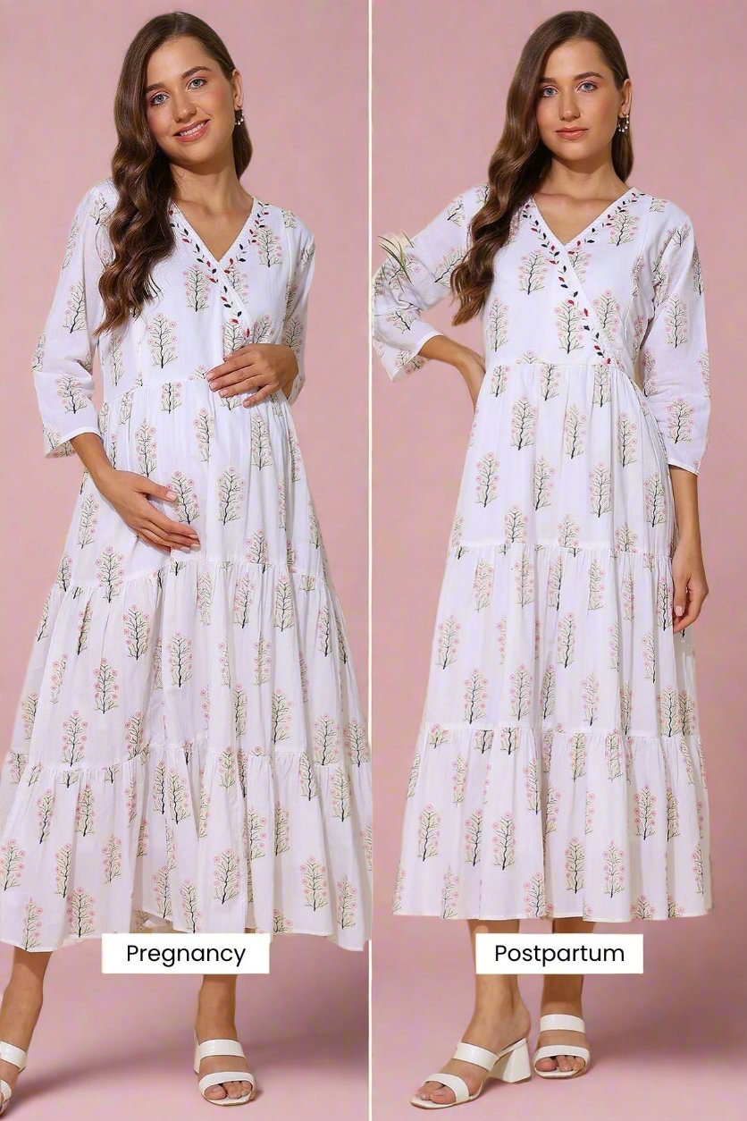 White Floral Printed 100% Soft Cotton Maternity Feeding Dress