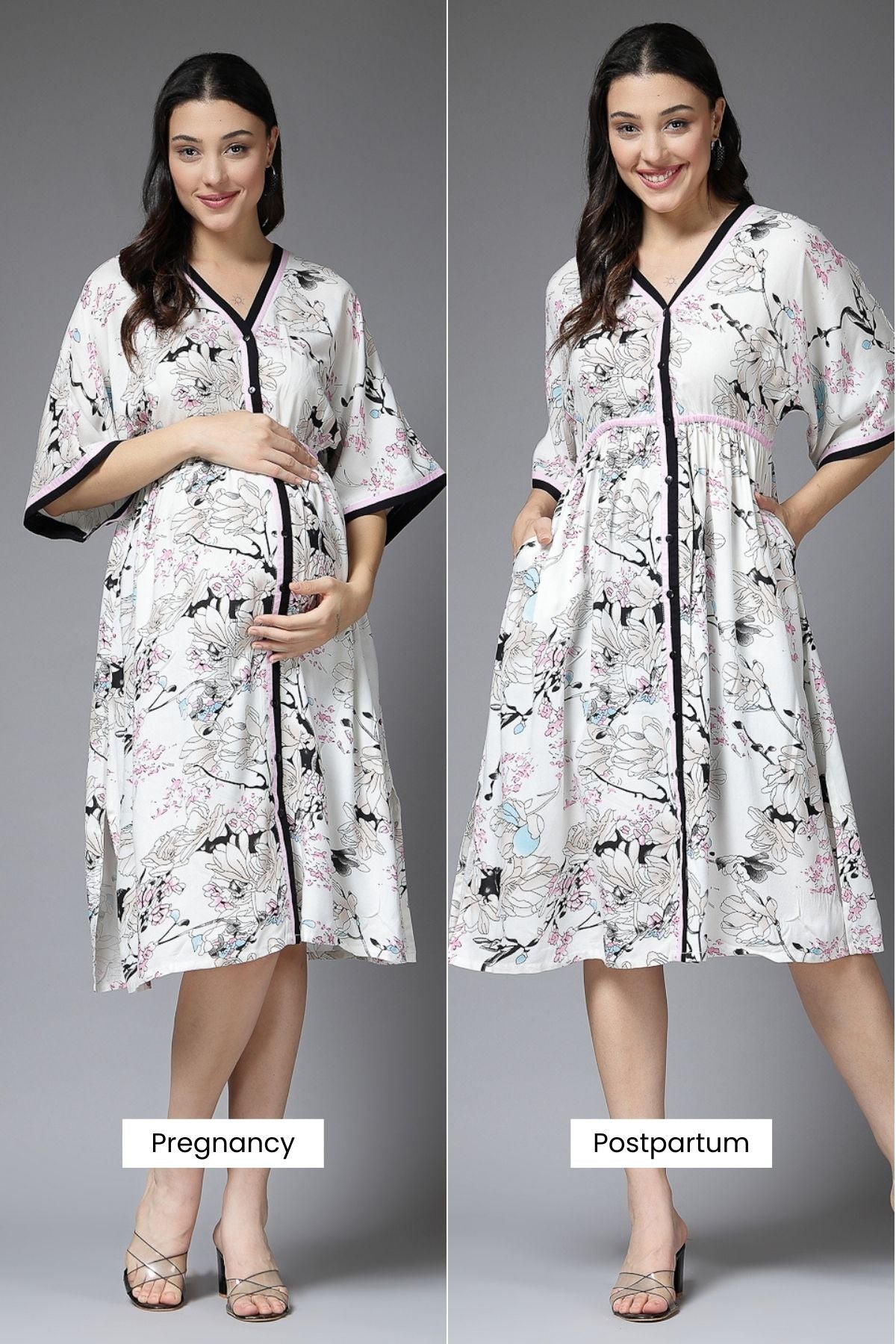 White All Over Printed 100% Rayon Zipless Maternity Dress
