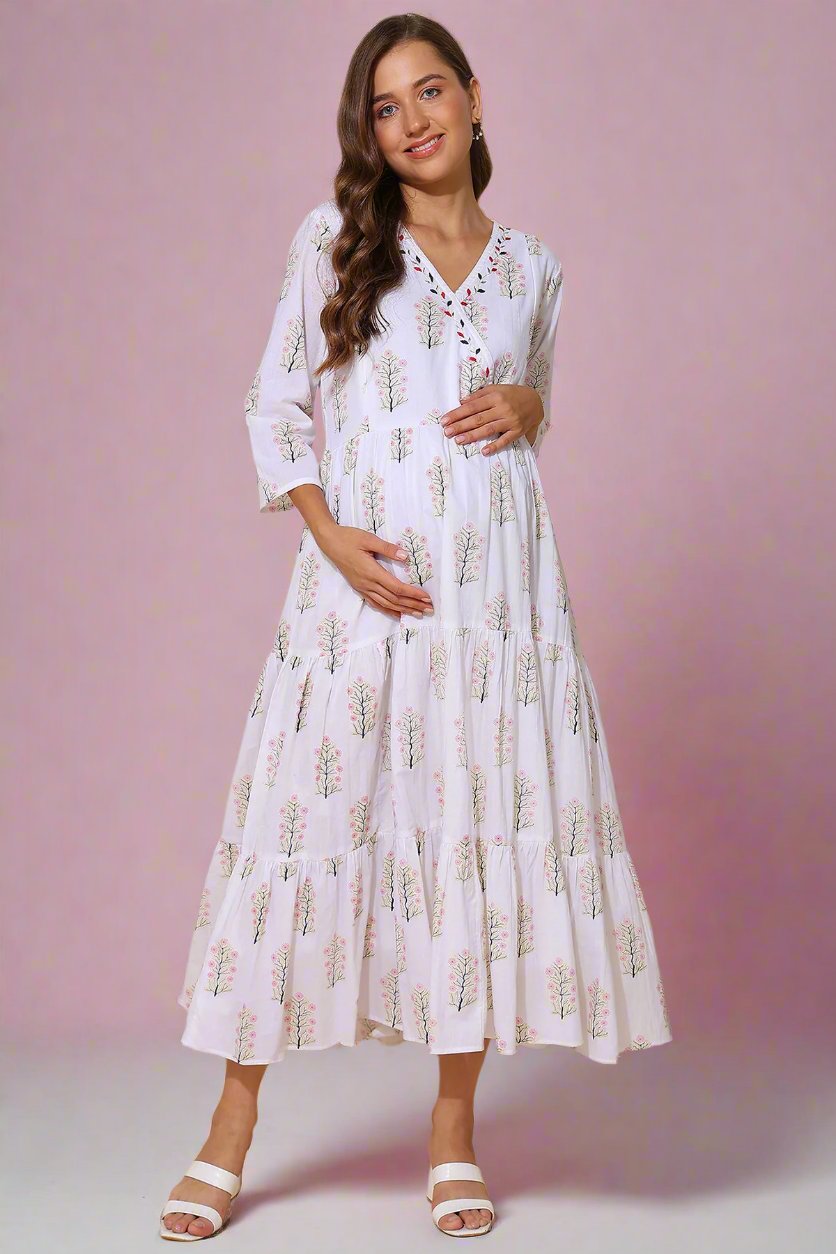 White Floral Printed 100% Soft Cotton Maternity Feeding Dress