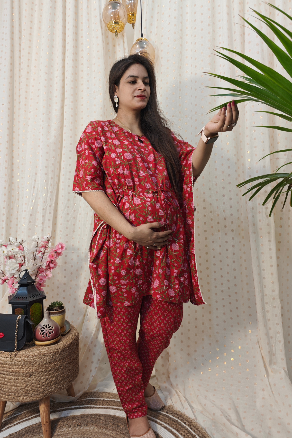 Red Floral Printed Maternity Kaftan Set (Top & Bottom)