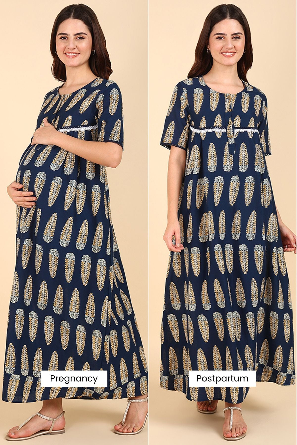 Navy Blue Printed 100% Soft Cotton Zipless Maternity Maxi